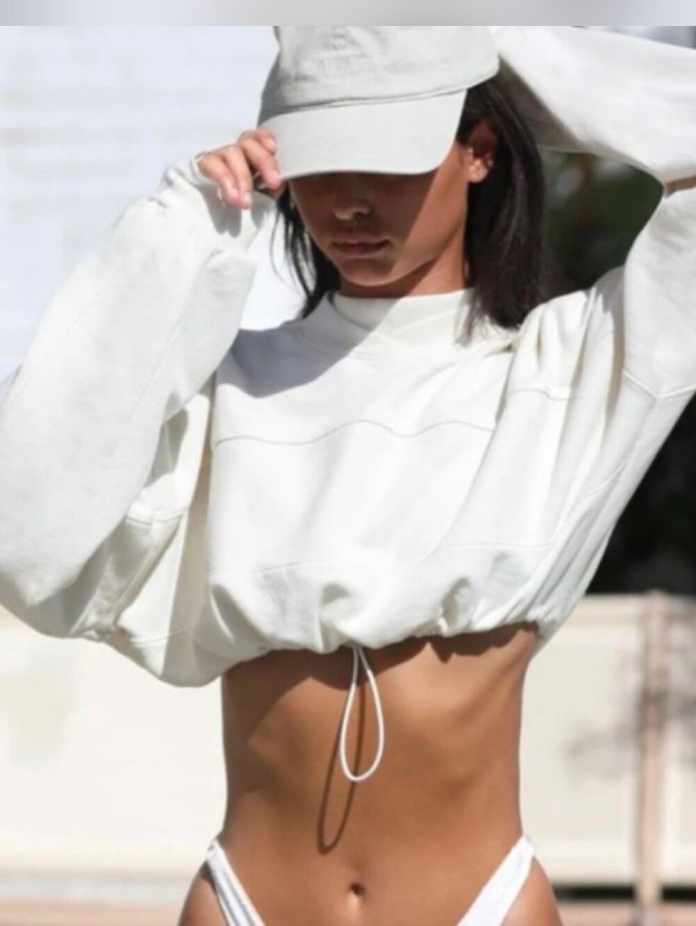 Joah Brown Draw Cord Crop Sweatshirt - Pearl Gray French Terry | S/M = O/S